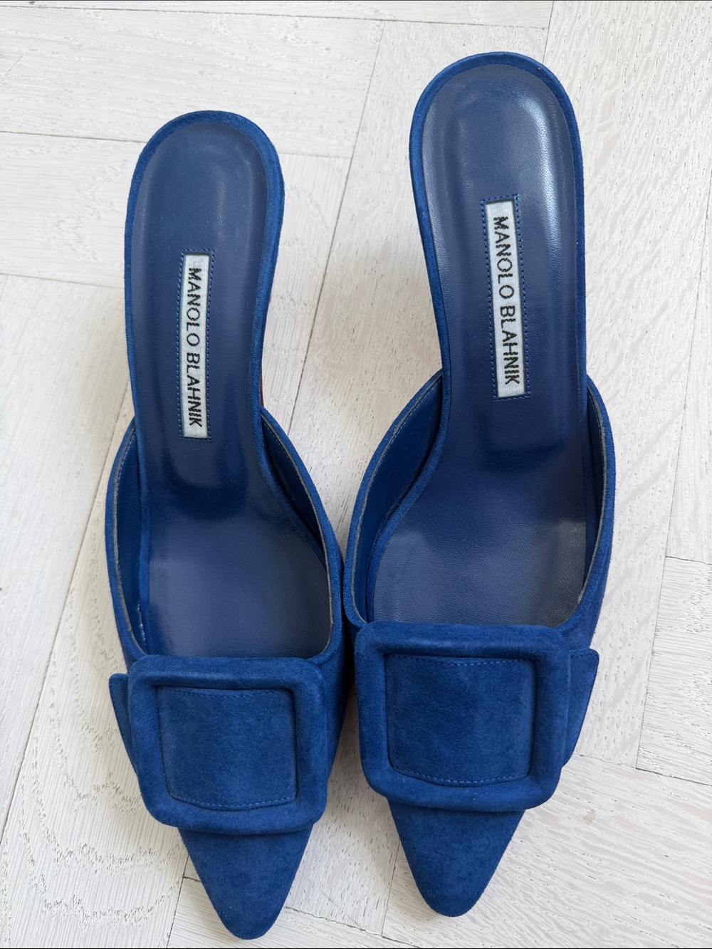 Manolo Blahnik Navy Suede Pointed Mule with Buckle Accent - Picture 4 of 4